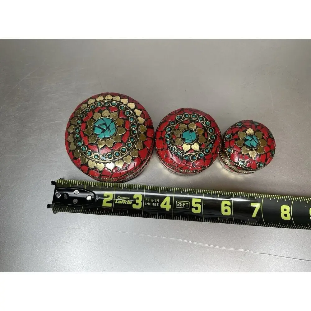 Round Trinket Box Multicolor Stones Indian Nesting Boxes Red Gold Set Of 3